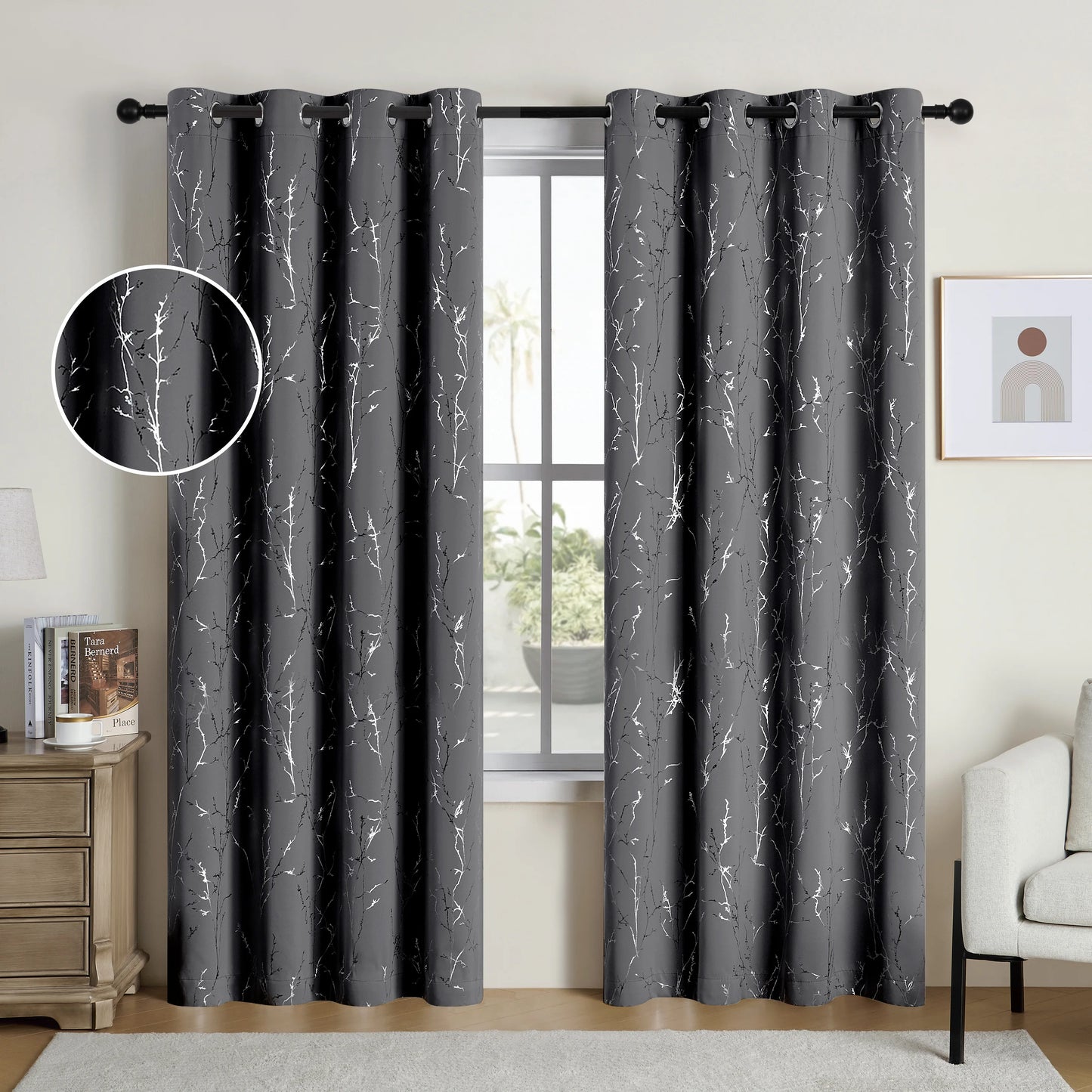 Pack Of 2 Blackout Curtains Grommet Thermal Insulated Room Darkening Tree Print For Bedroom