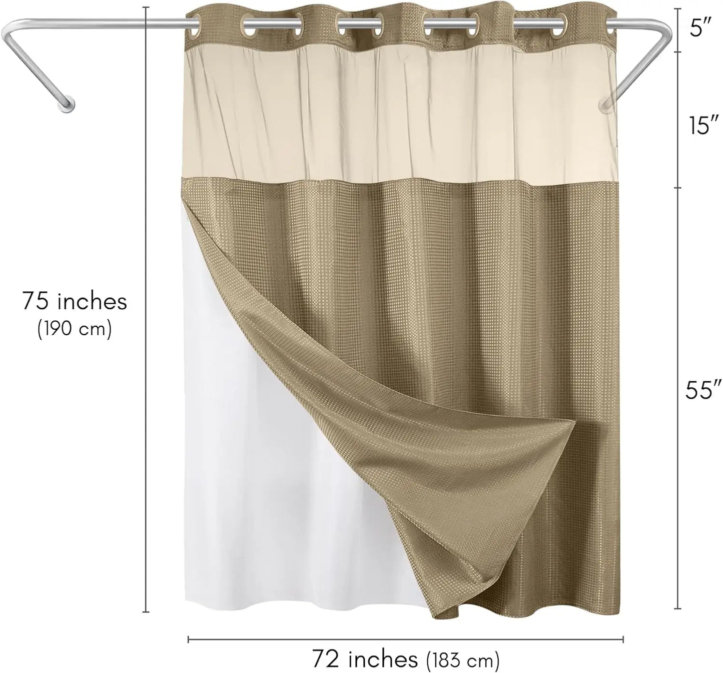 Water Resistant Shower Curtain With Snap In Liner For Bathrooms