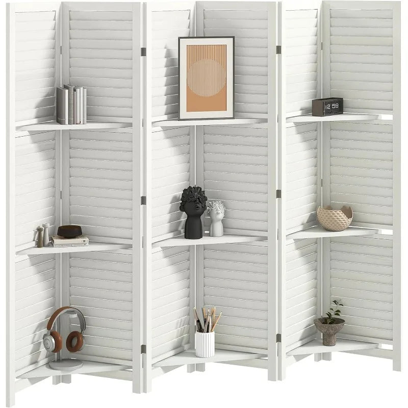 Room Divider 6 Panel Wood Privacy Screen With Display Shelves Folding Storage