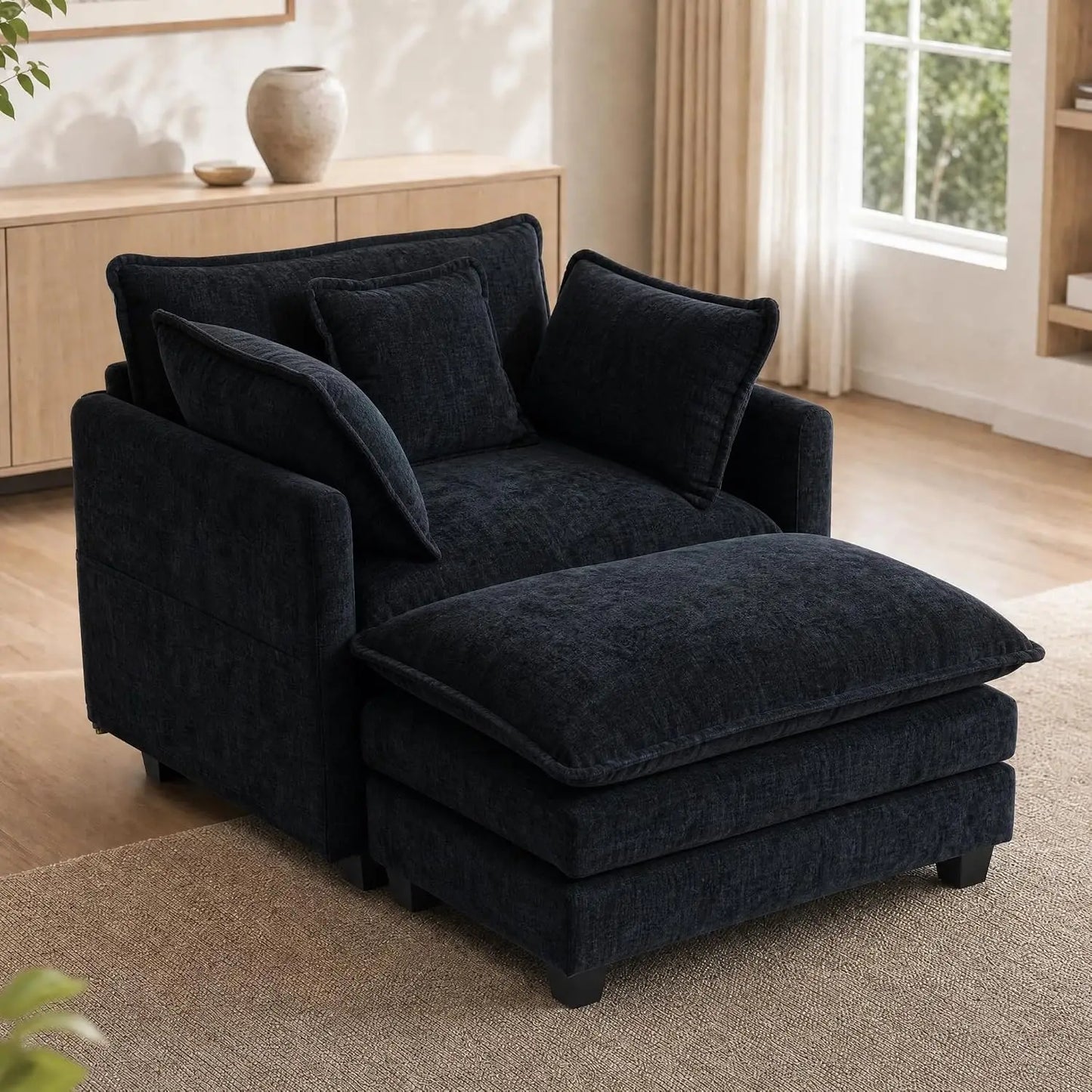 Chenille Upholstered Chair With Ottoman Luxury Accent Sofa