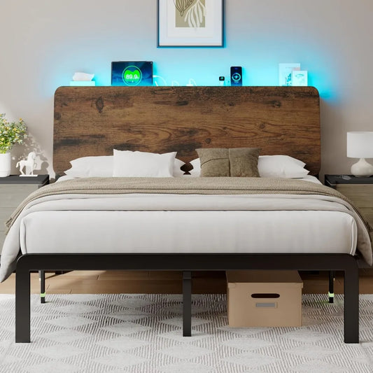 Bed Frame Storage Headboard LED Platform Charging Station