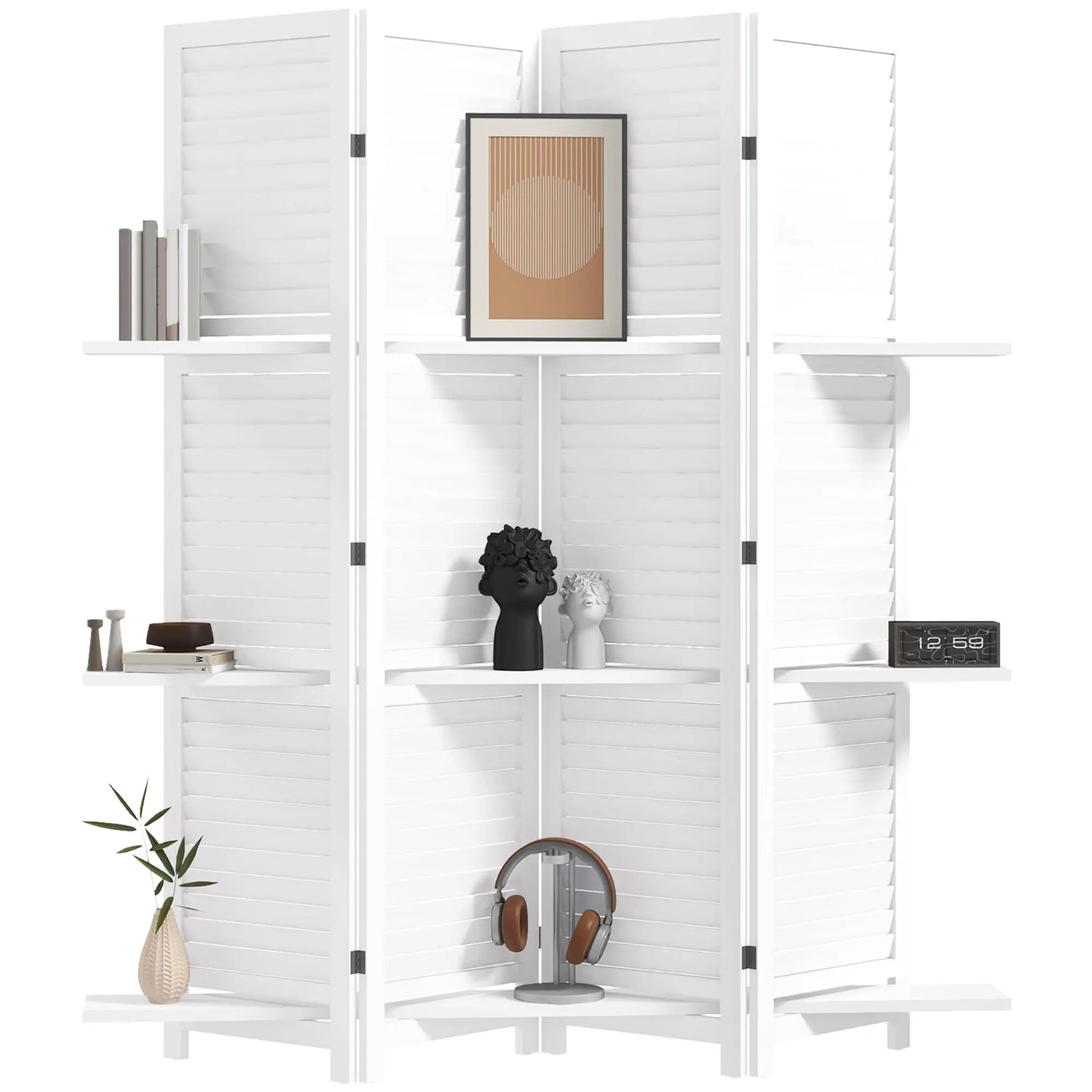 Room Divider 6 Panel Wood Privacy Screen With Display Shelves Folding Storage