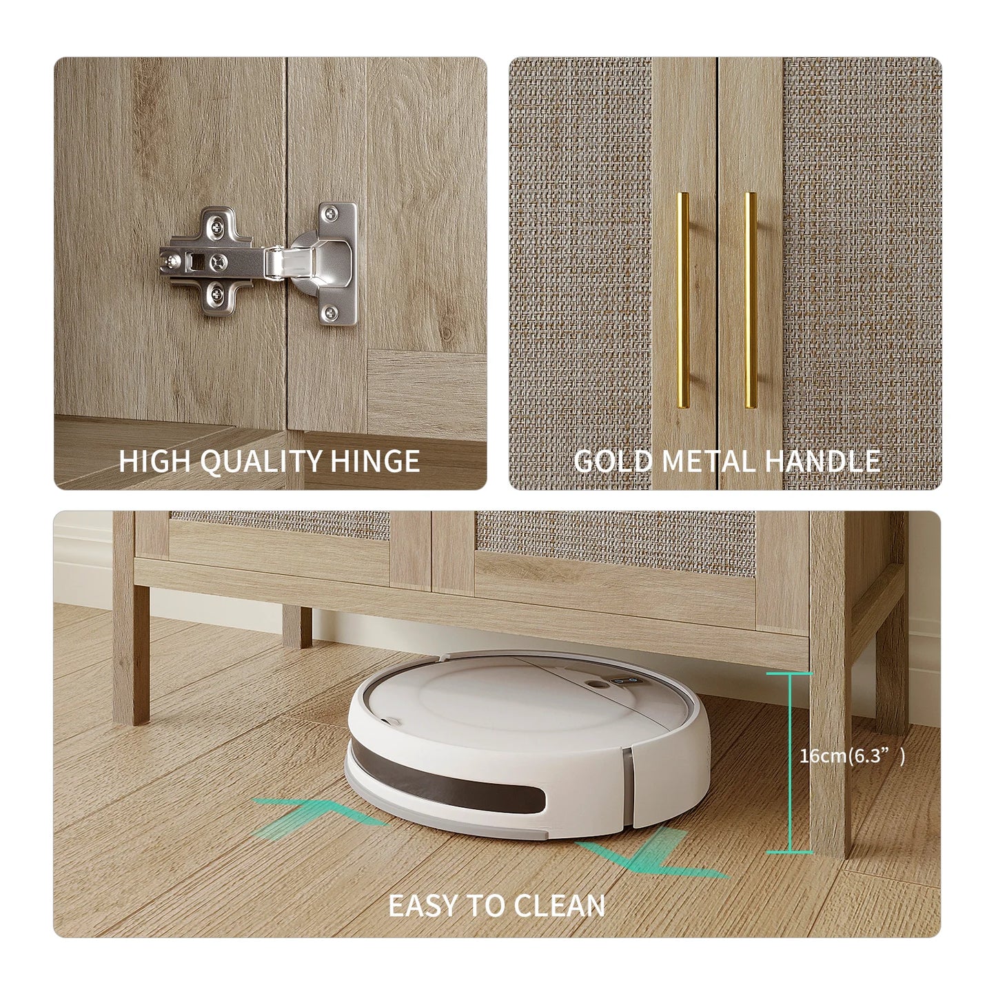 Rattan Storage Buffet Sideboard With Decorated Doors For Living Room