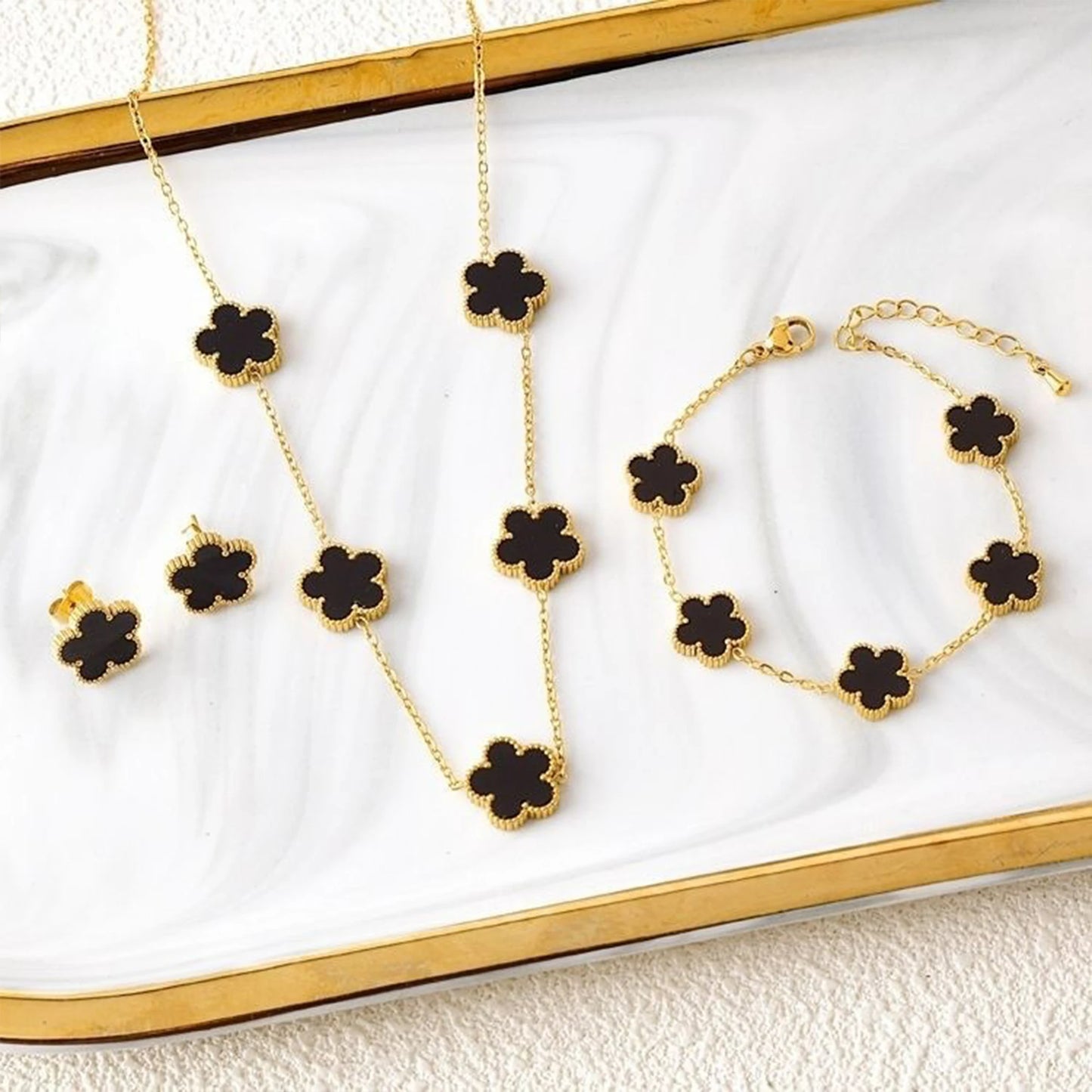 NONED Five-Leaf Clover Jewelry Set Necklace Earrings Bracelet