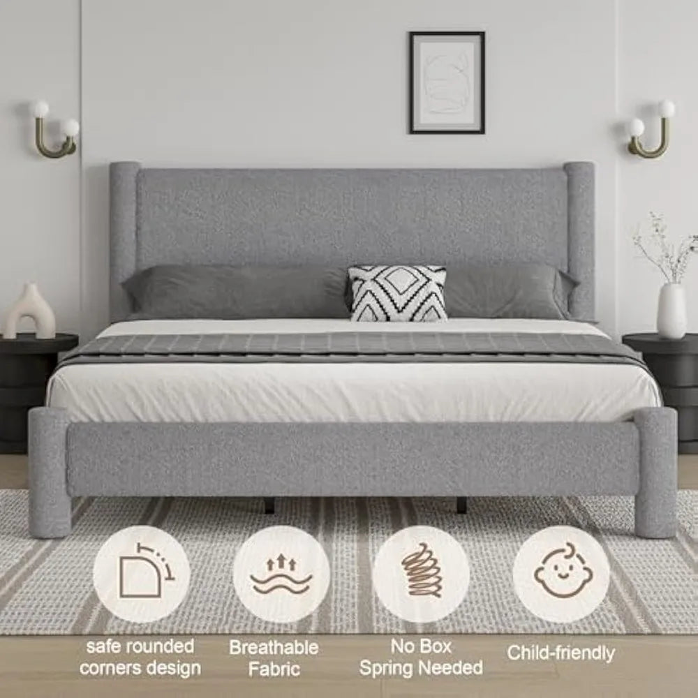 Boucle Upholstered Platform Bed With Headboard Footboard