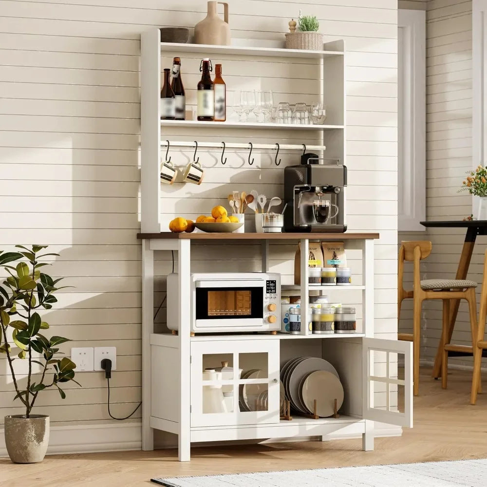 XMSJ Farmhouse Bakers Rack With Power Outlets And Storage
