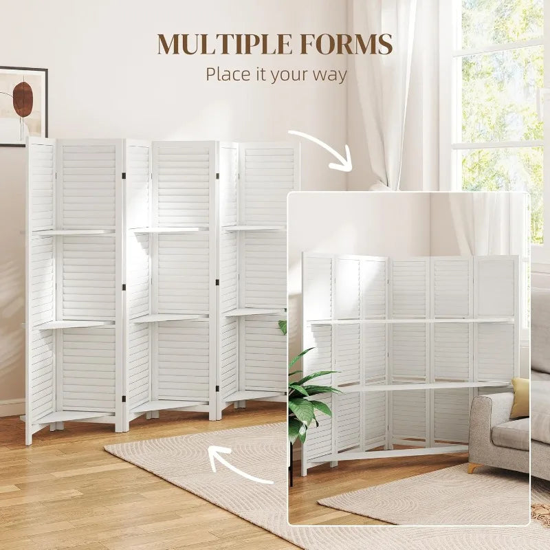 Room Divider 6 Panel Wood Privacy Screen With Display Shelves Folding Storage