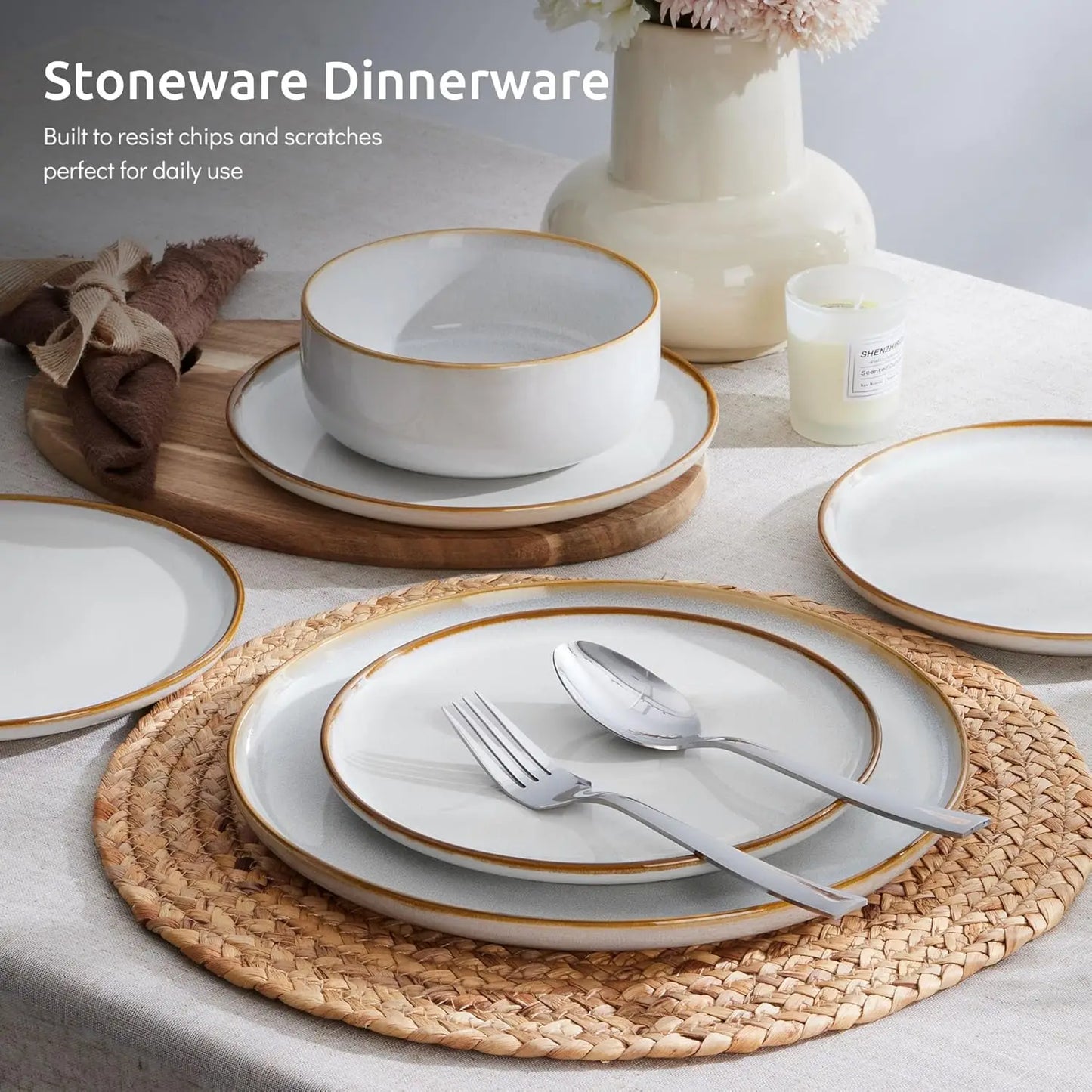 Stoneware Dinnerware Set With Reactive Glaze Microwave Safe