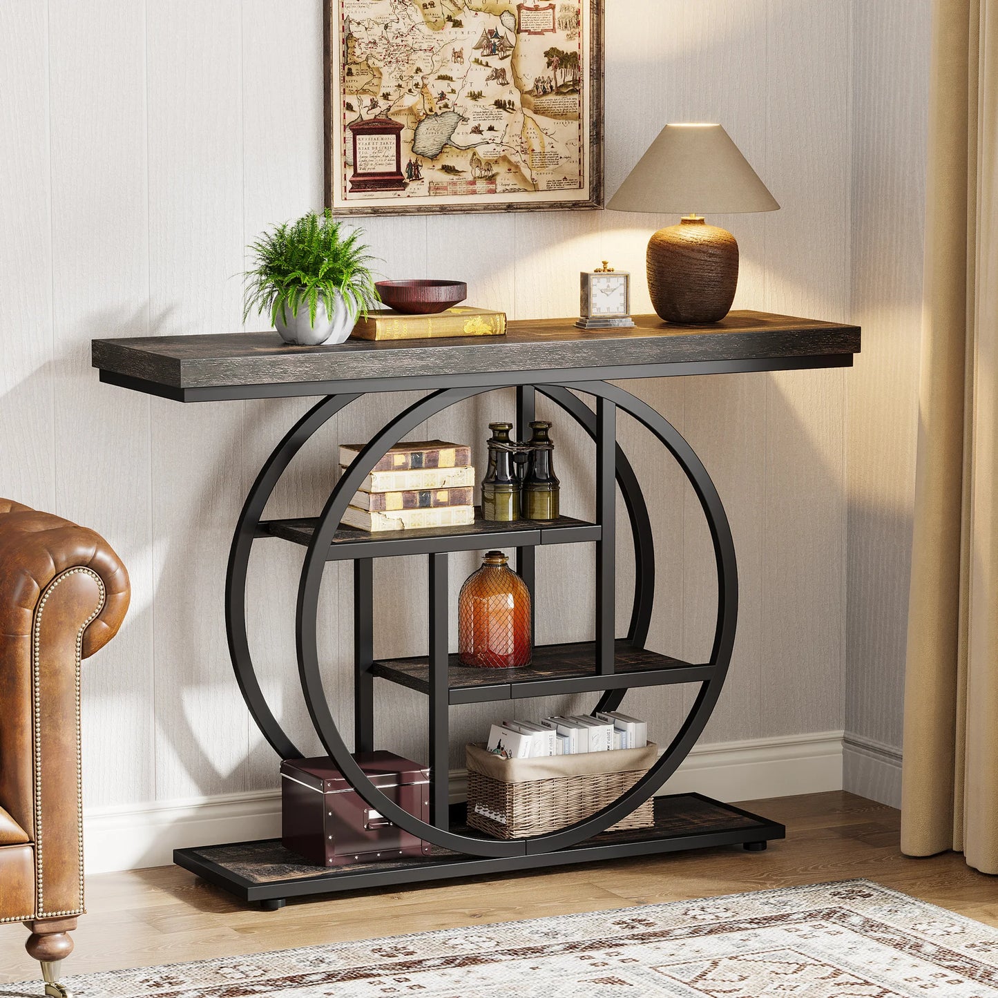 Industrial Console Table With Four Tier Shelves For Entryway