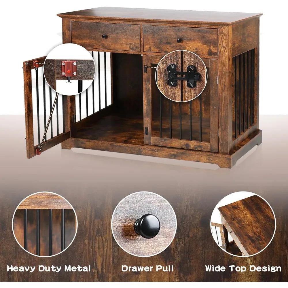 Wooden Dog Crate End Table With Storage Drawers Decorative