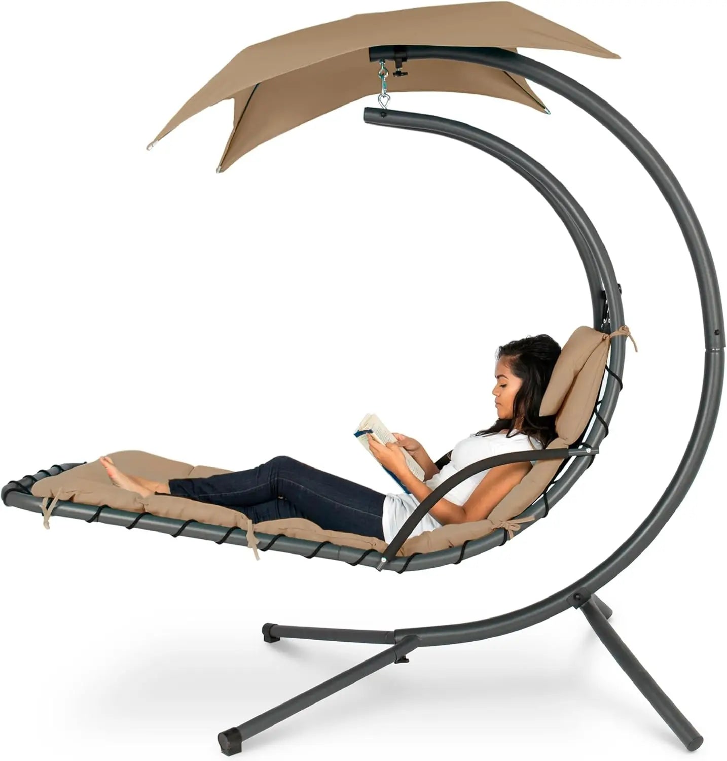 Outdoor Hanging Curved Steel Lounge Chair with Canopy and Pillow