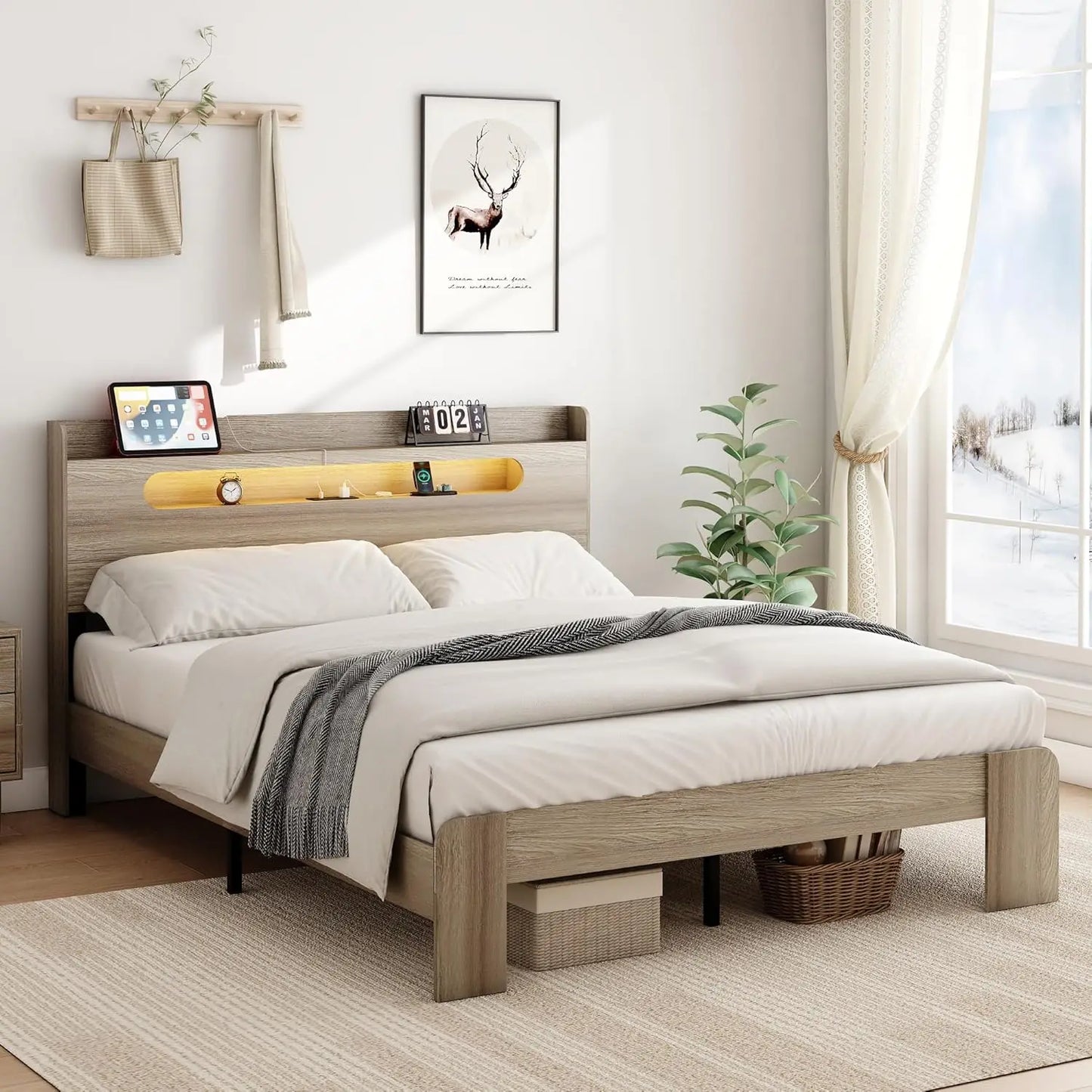 Wooden Storage Bed Frame With Headboard And Charging Station