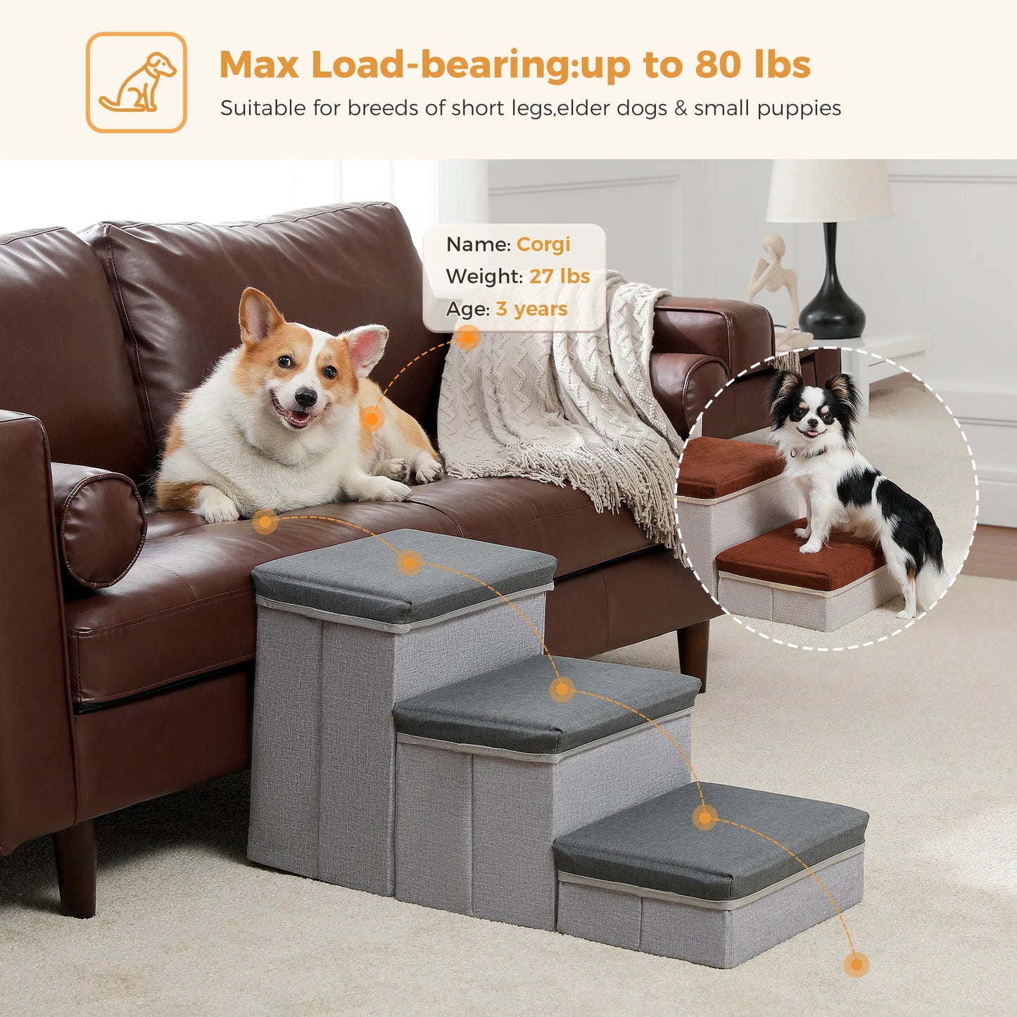 Three Tier Foldable Dog Stairs With Storage Non Slip Ramp