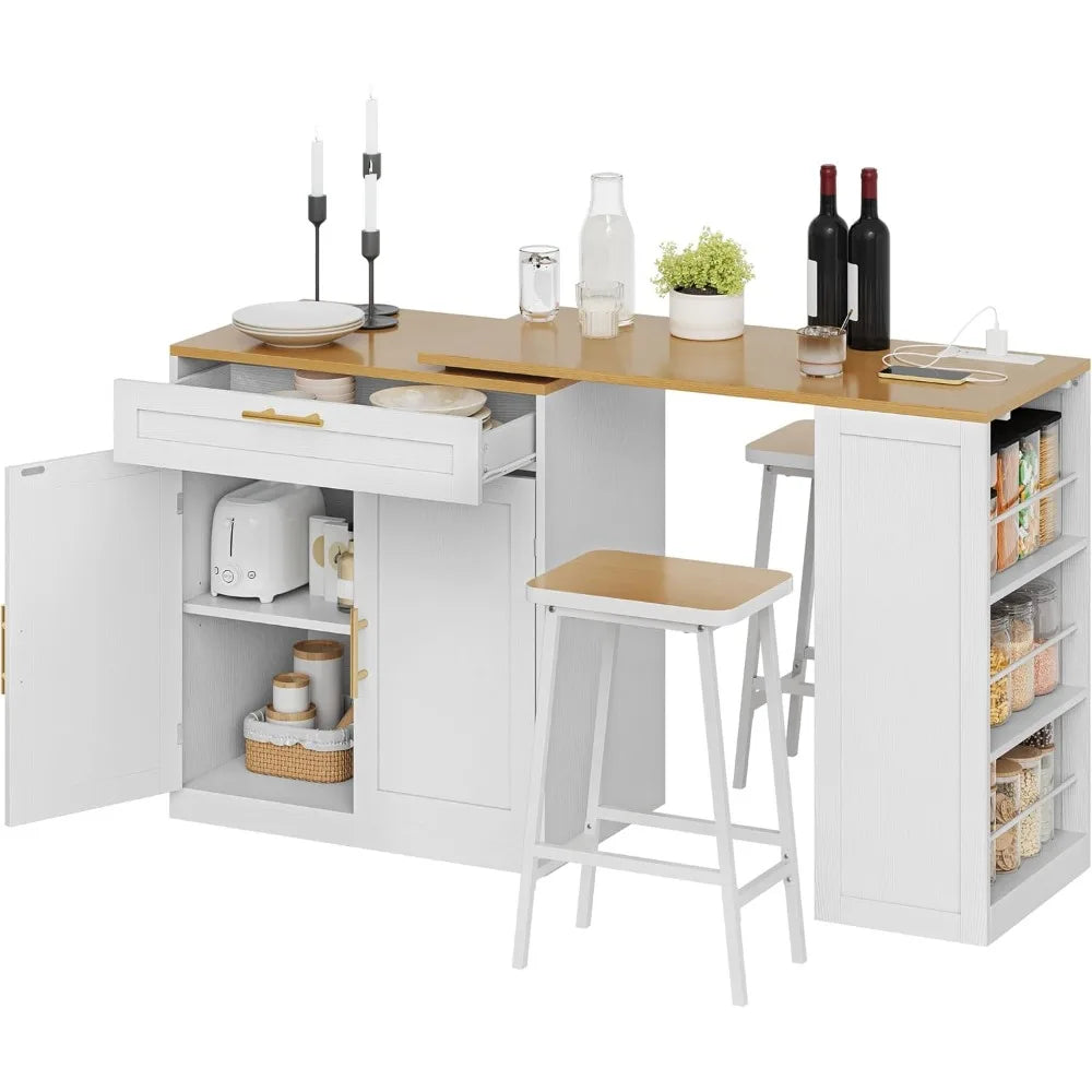 Modern Kitchen Island With Extendable Dining Table And Rolling Storage