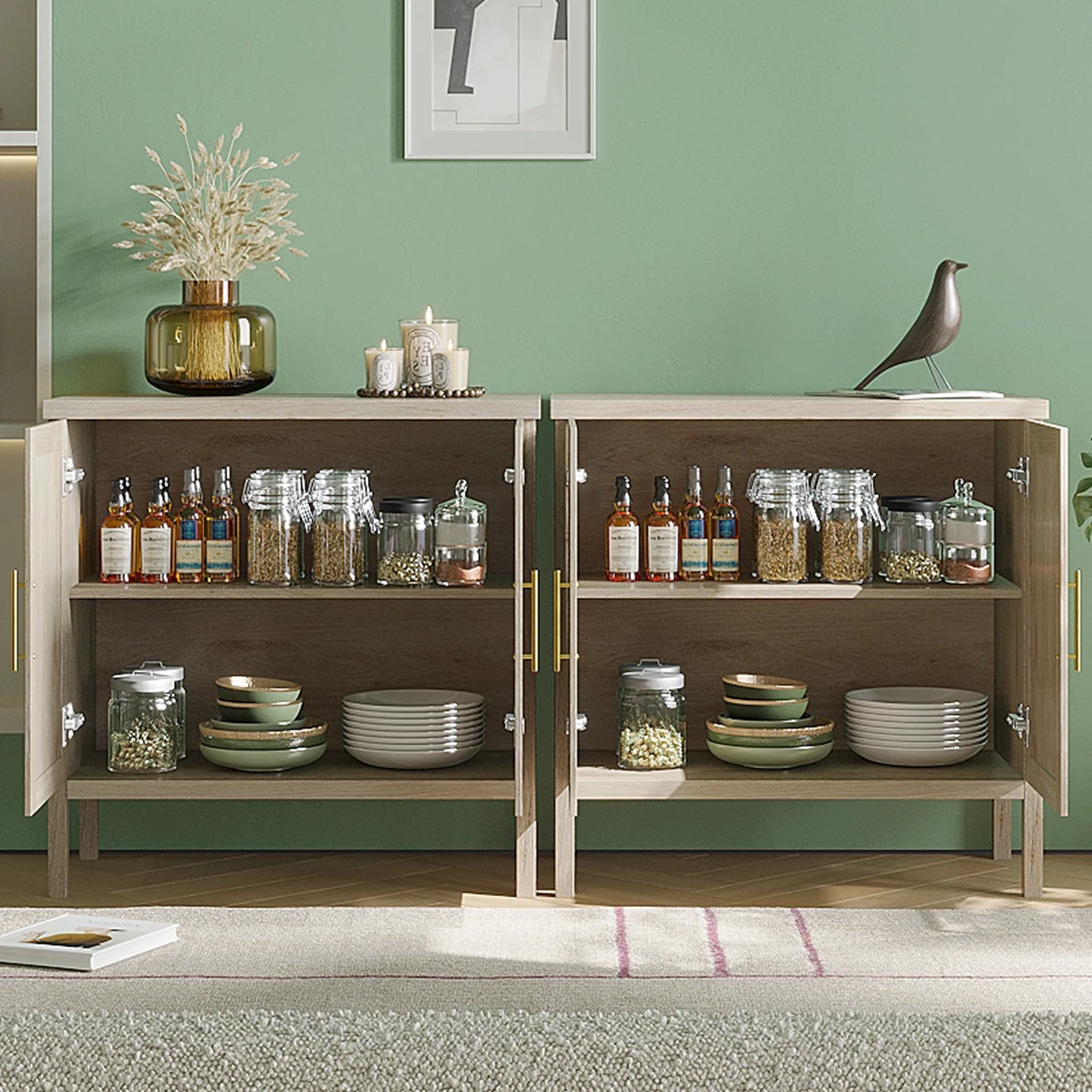Rattan Storage Buffet Sideboard With Decorated Doors For Living Room