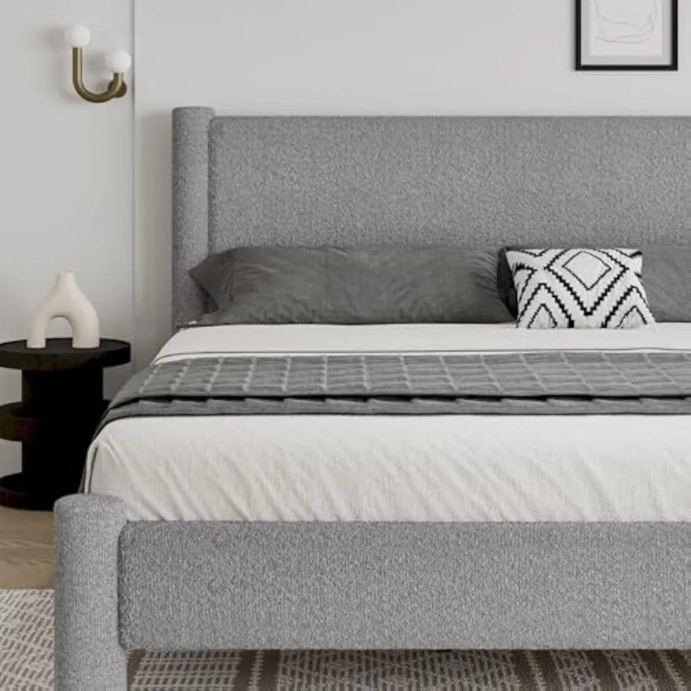 Boucle Upholstered Platform Bed With Headboard Footboard