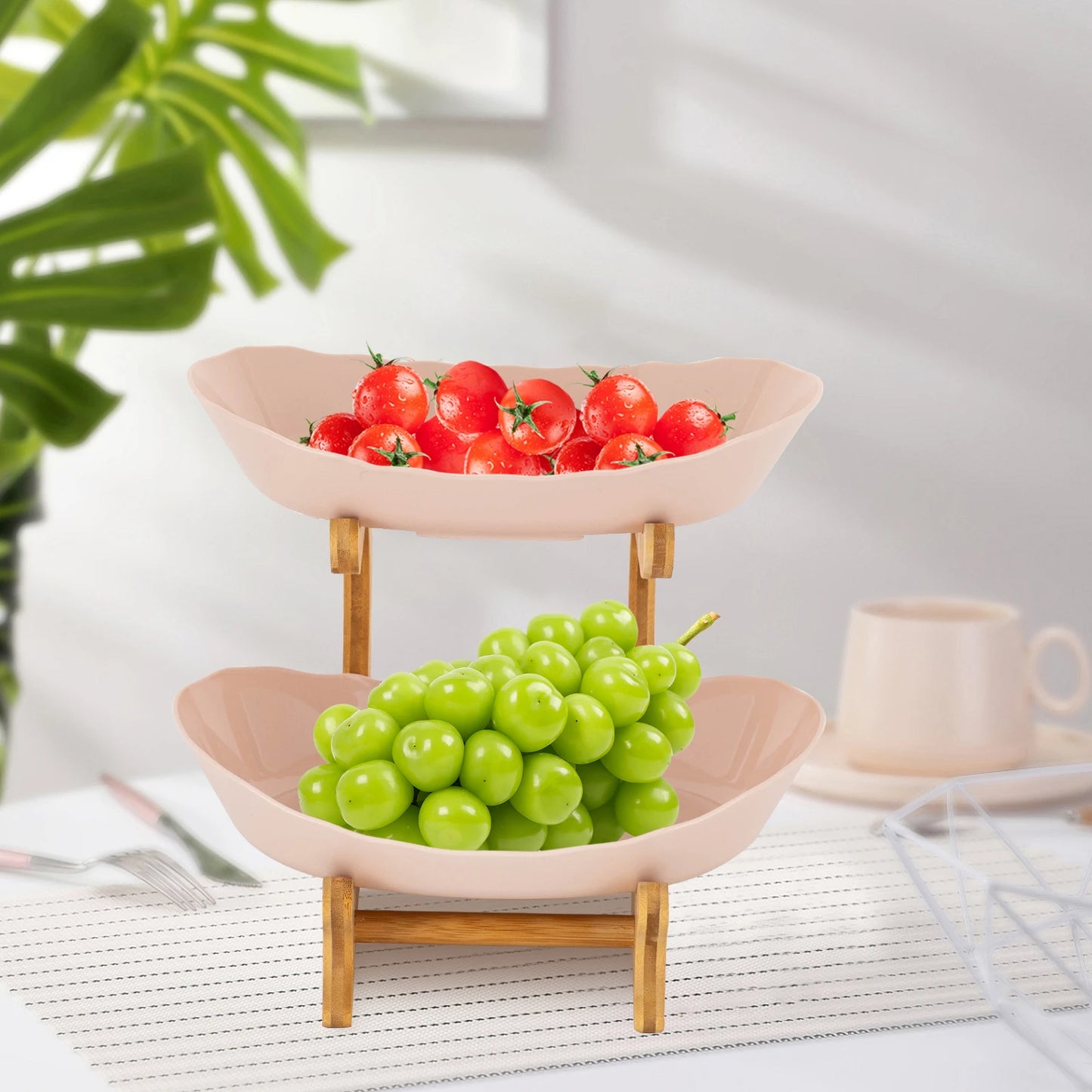 Two Tier Bamboo Fruit Bowl Stand For Fresh Kitchen Display