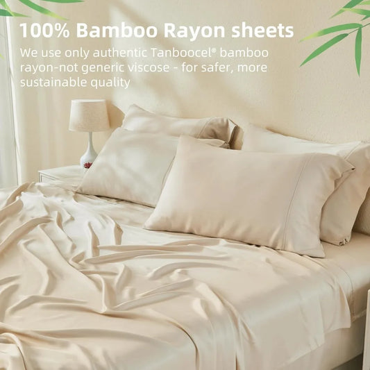 King Size Bed Sheets 6 Piece Set Ultra Soft Cooling Sheets Hotel Luxury Silky Breathable Deep Pocket Light Beige