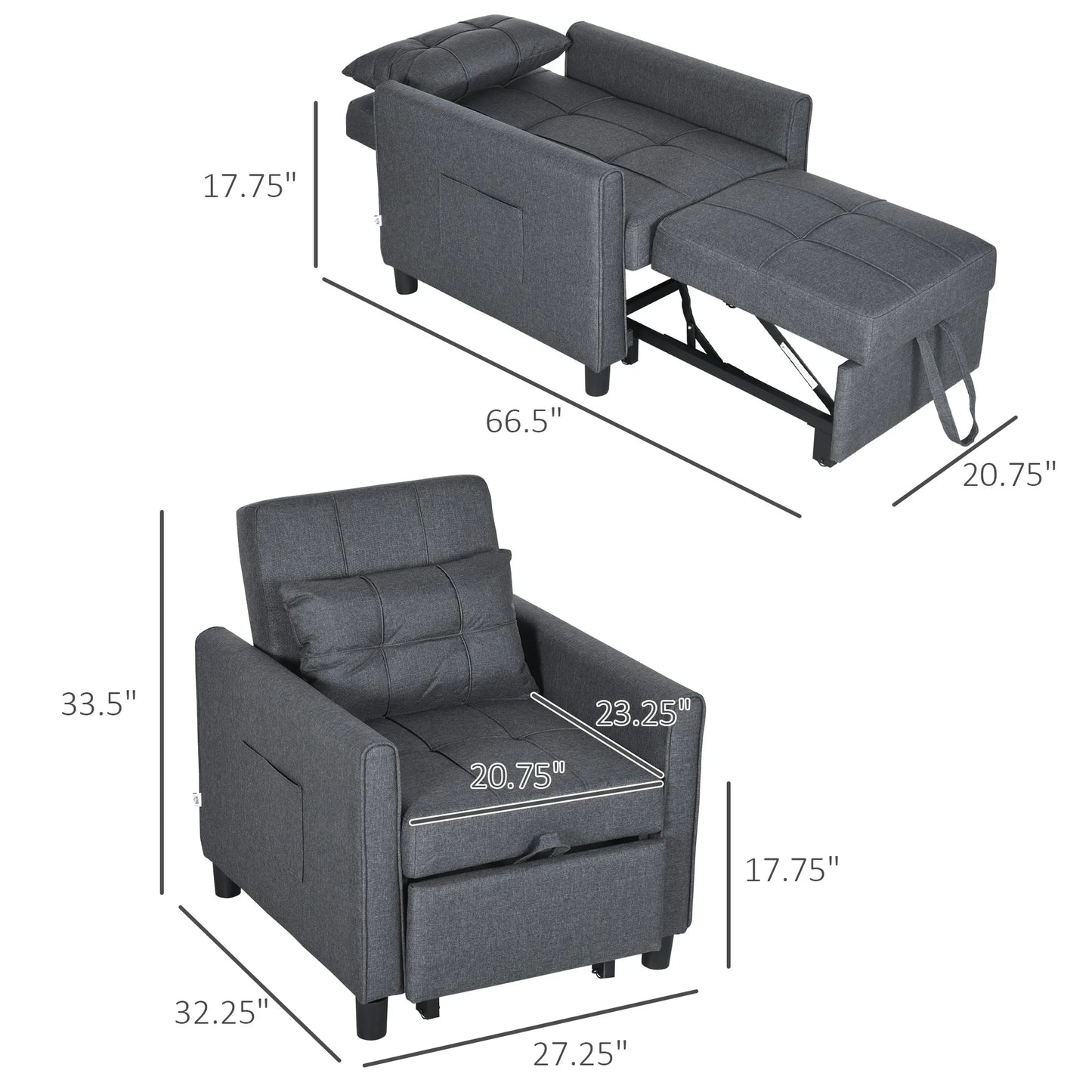 HOMCOM 3-In-1 Convertible Chair Bed With Adjustable Backrest