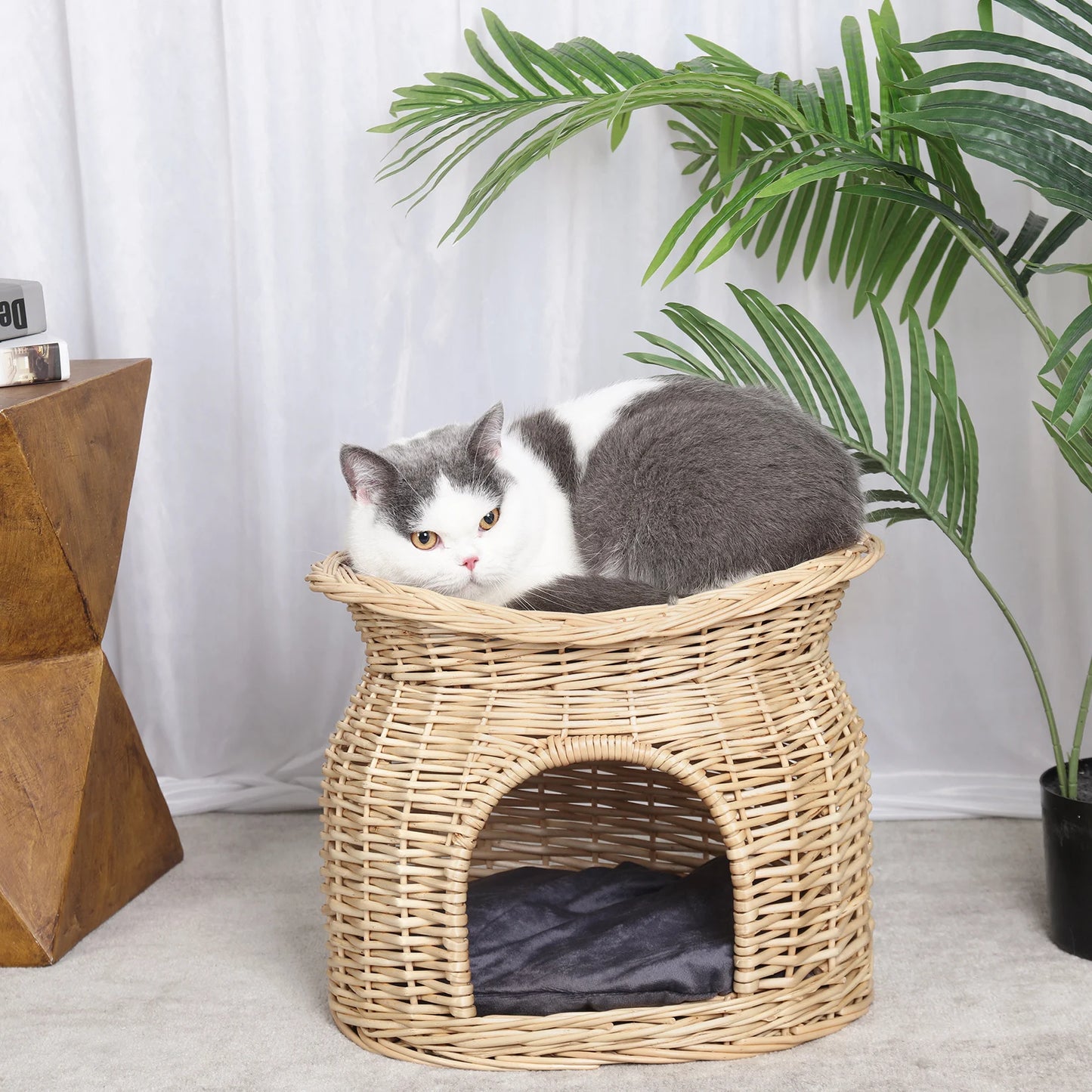 Two Tier Wicker Cat Bed Play House With Plush Cushions