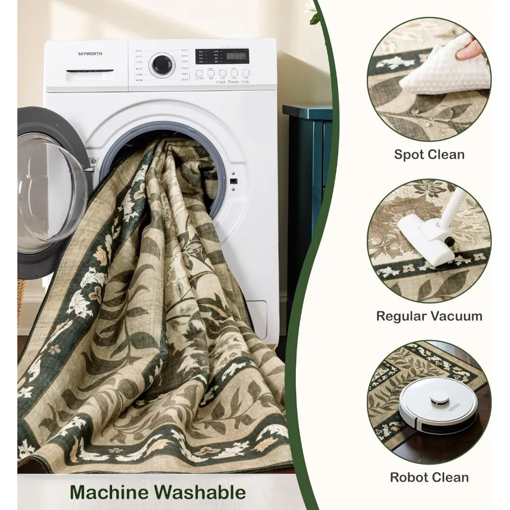 Washable Floral Area Rug With Stain Resistant Backing