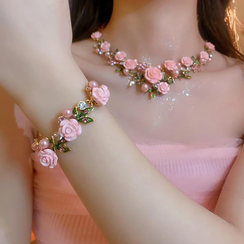 Romantic Rose Jewelry Set Necklace Bracelet Earrings For Women Fashion