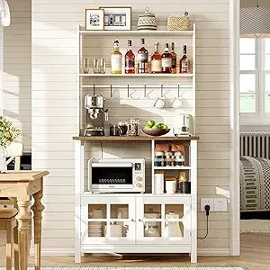 XMSJ Farmhouse Bakers Rack With Power Outlets And Storage