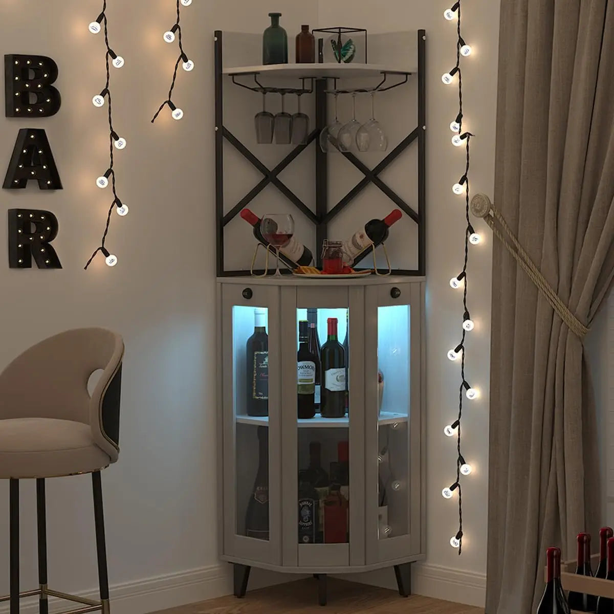 Corner Wine Cabinet With Lockable Glass Door And Led Lighting