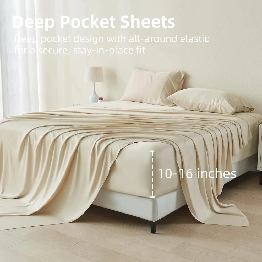 King Size Bed Sheets 6 Piece Set Ultra Soft Cooling Sheets Hotel Luxury Silky Breathable Deep Pocket Light Beige