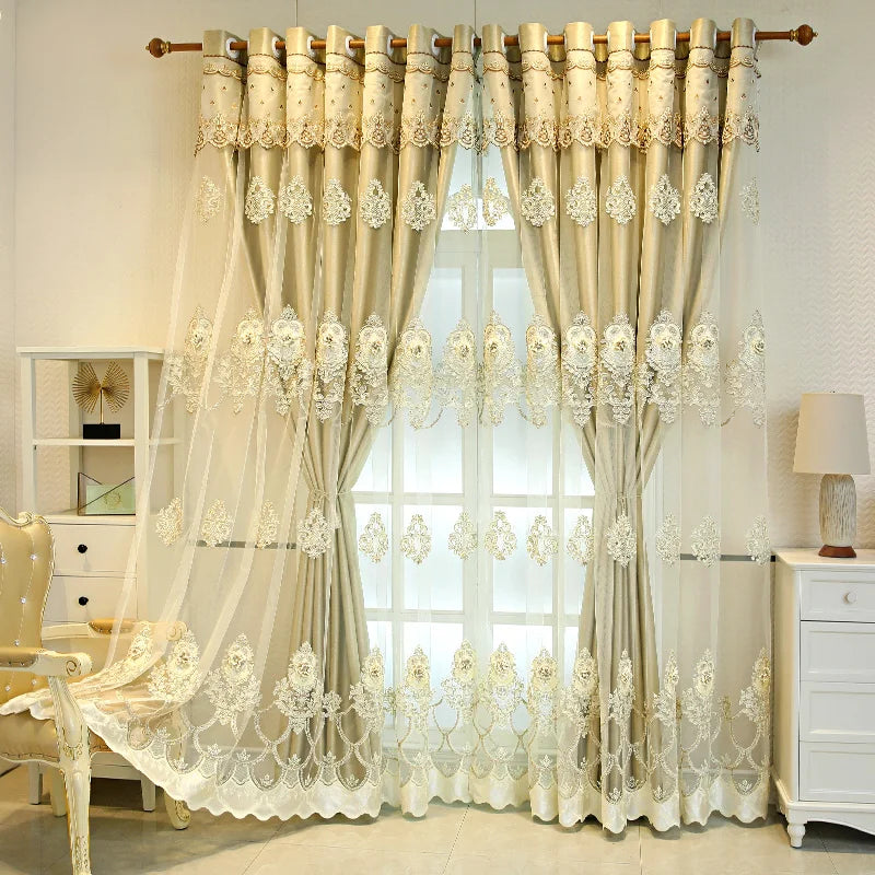 Elegant Double Layer Curtains With 3D Embroidered Detailing