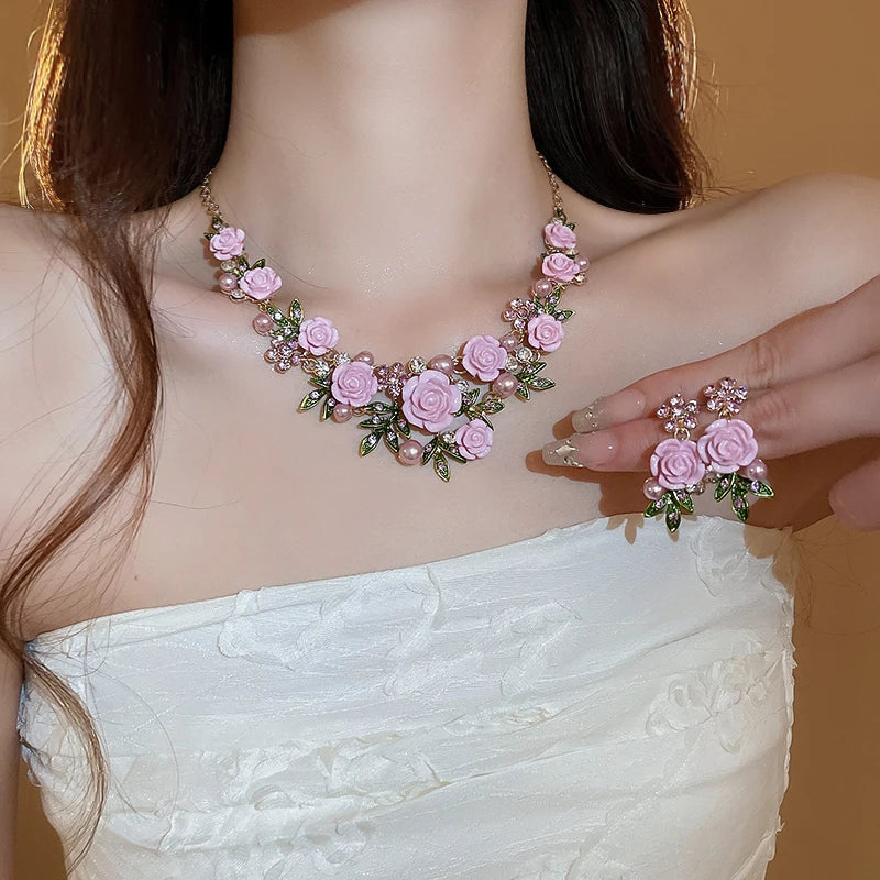 Romantic Rose Jewelry Set Necklace Bracelet Earrings For Women Fashion
