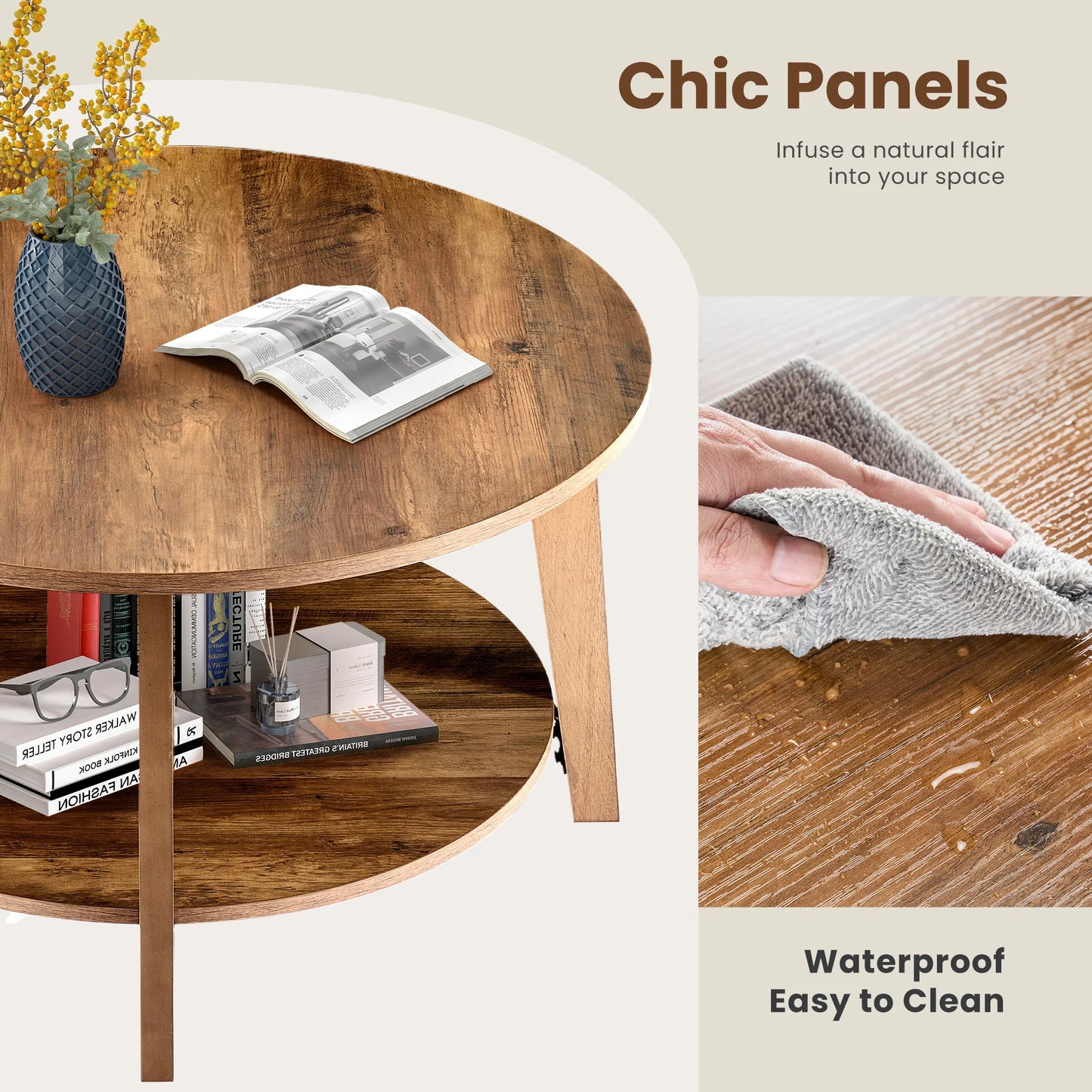 JHK Round Wood Coffee Table With Storage And Modern Design