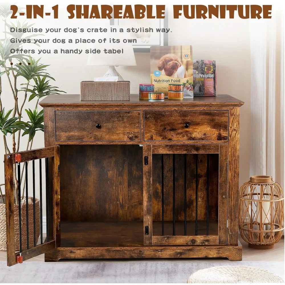 Wooden Dog Crate End Table With Storage Drawers Decorative