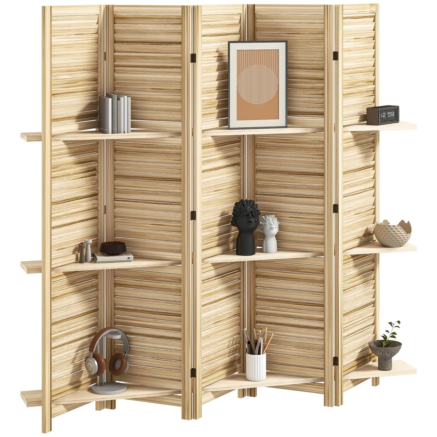 Room Divider 6 Panel Wood Privacy Screen With Display Shelves Folding Storage