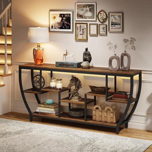 Rustic Industrial Sofa Table With Shelves And Storage