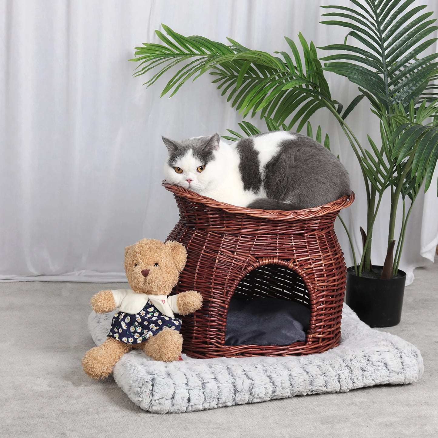 Two Tier Wicker Cat Bed Play House With Plush Cushions