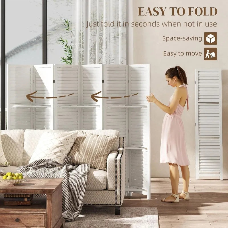 Room Divider 6 Panel Wood Privacy Screen With Display Shelves Folding Storage