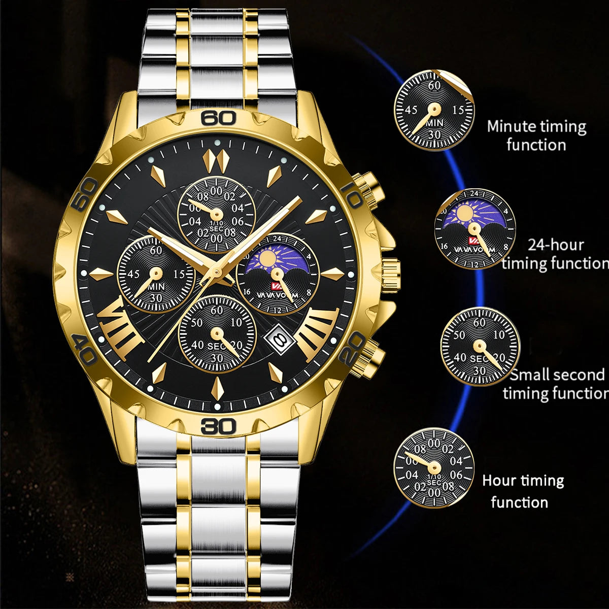 Va Va Voom Top Brand Luxury Quartz Sports Watch for Men Waterproof Luminous Stainless Steel Chronograph Wristwatch