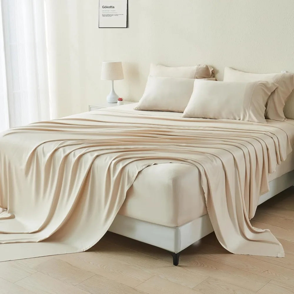 King Size Bed Sheets 6 Piece Set Ultra Soft Cooling Sheets Hotel Luxury Silky Breathable Deep Pocket Light Beige