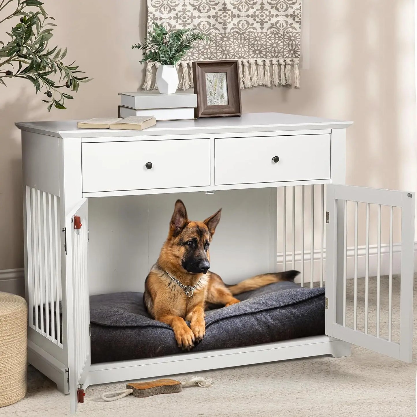 Wooden Dog Crate End Table With Storage Drawers Decorative