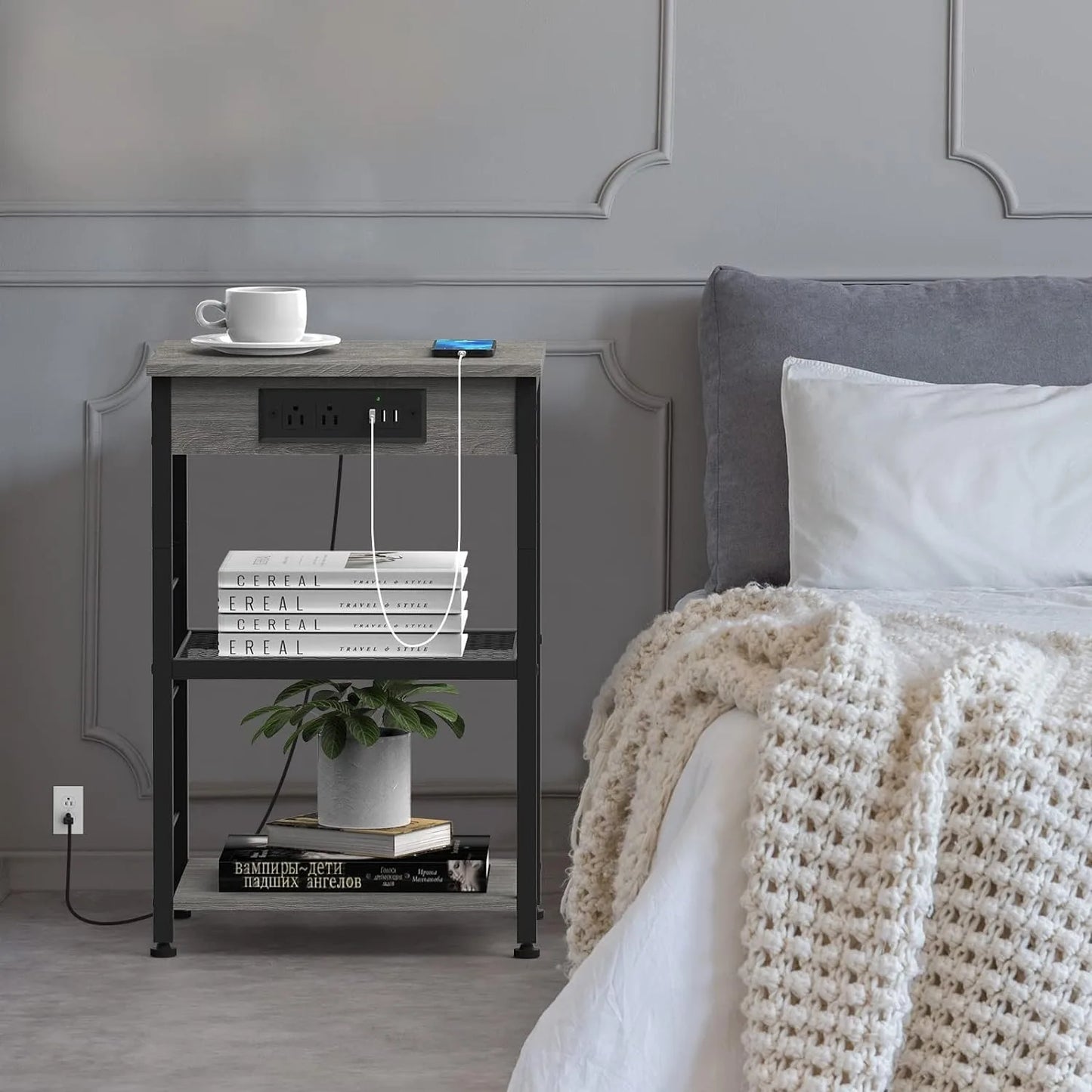 Bedside Table With Three Tier Charging Station And Storage Rack
