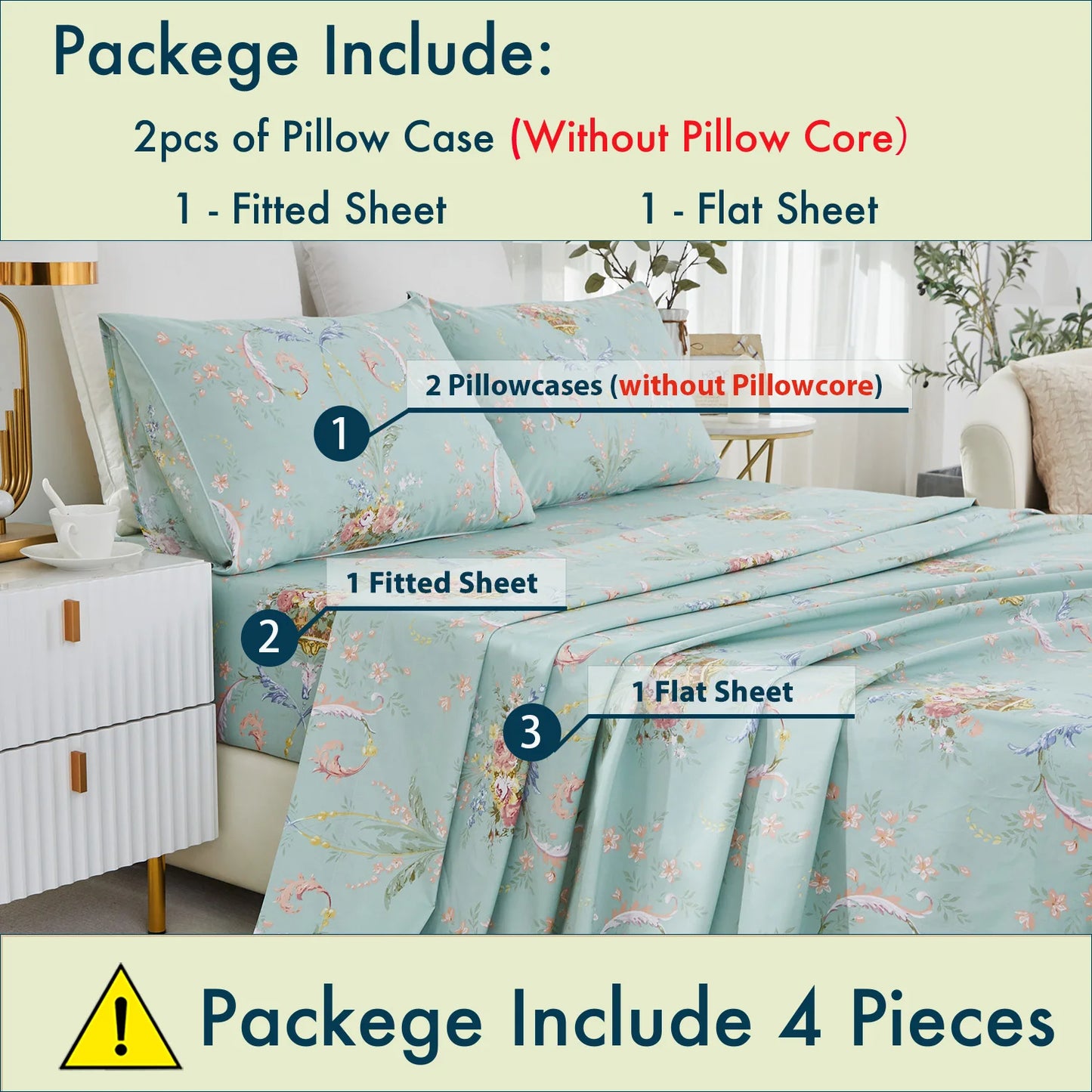 Egyptian Cotton Fitted Sheet Set With Floral Luxury Shabby Chic