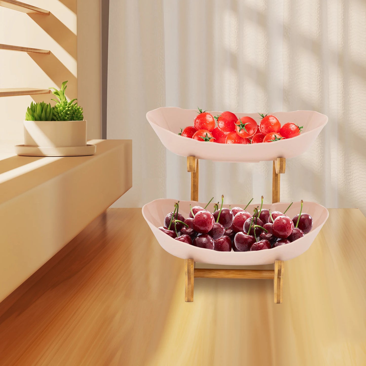 Two Tier Bamboo Fruit Bowl Stand For Fresh Kitchen Display