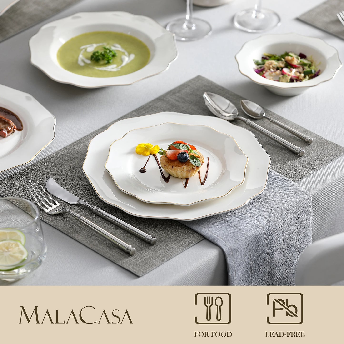 MALACASA Nordic European Golden Rim White Porcelain Tableware Set