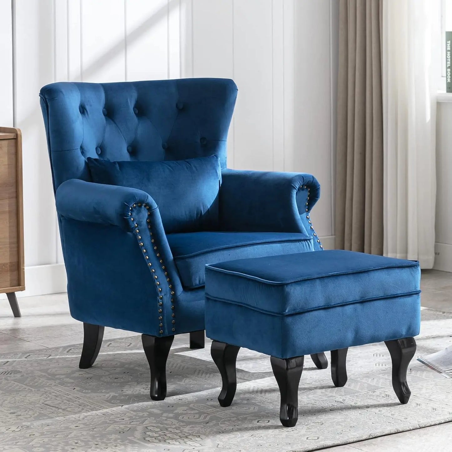 Mid Century Linen Wingback Armchair With Tufted Back