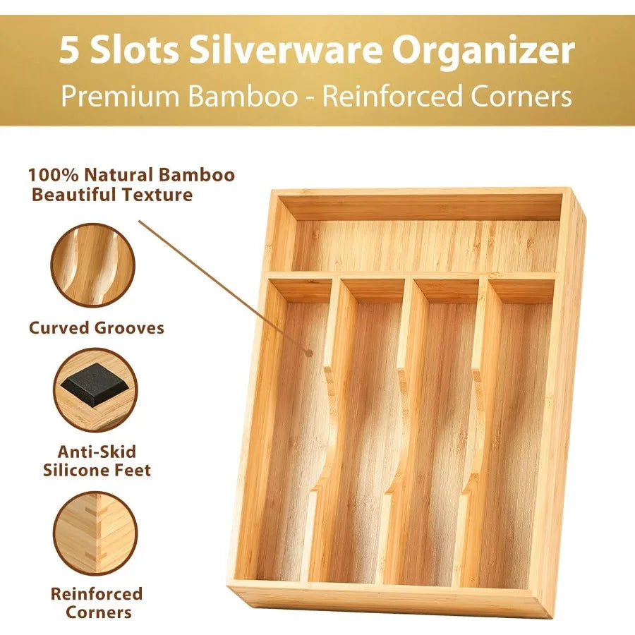 Bamboo Kitchen Drawer Organizer for Utensils and Cutlery Storage