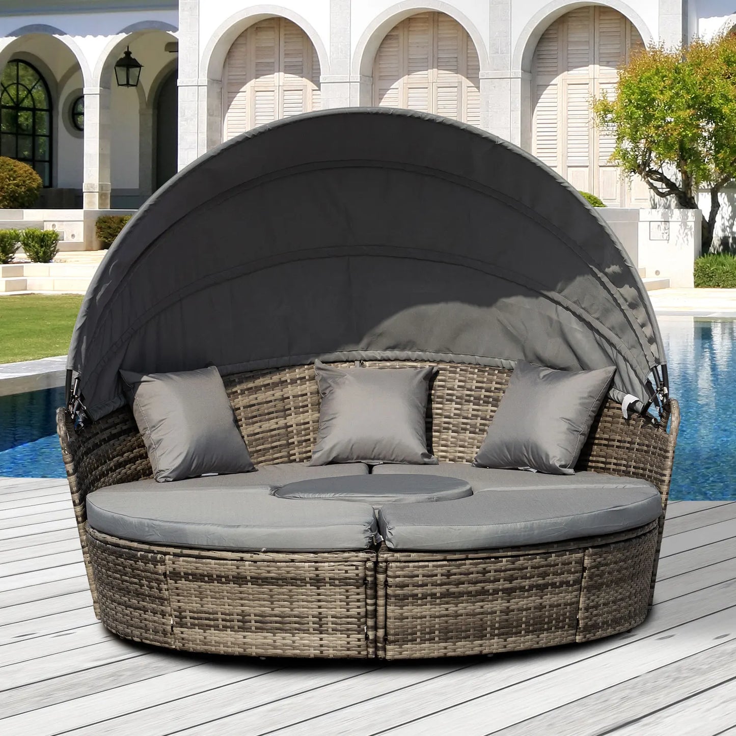 Outdoor Convertible Daybed 4 Piece Furniture Set Sofa Coffee Table Chairs Gray