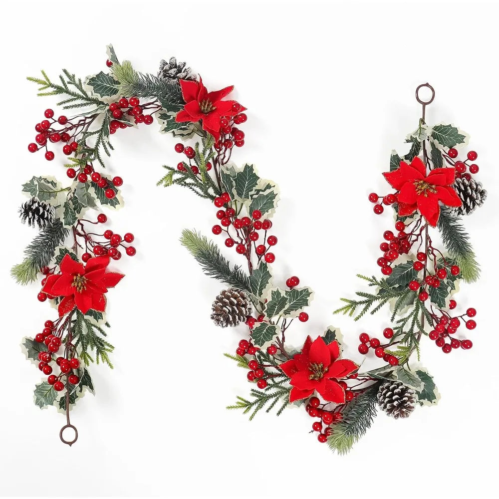 Berry Christmas Garland With Pine Cones Poinsettia And Holly