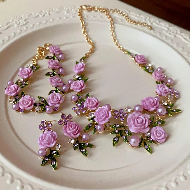Romantic Rose Jewelry Set Necklace Bracelet Earrings For Women Fashion