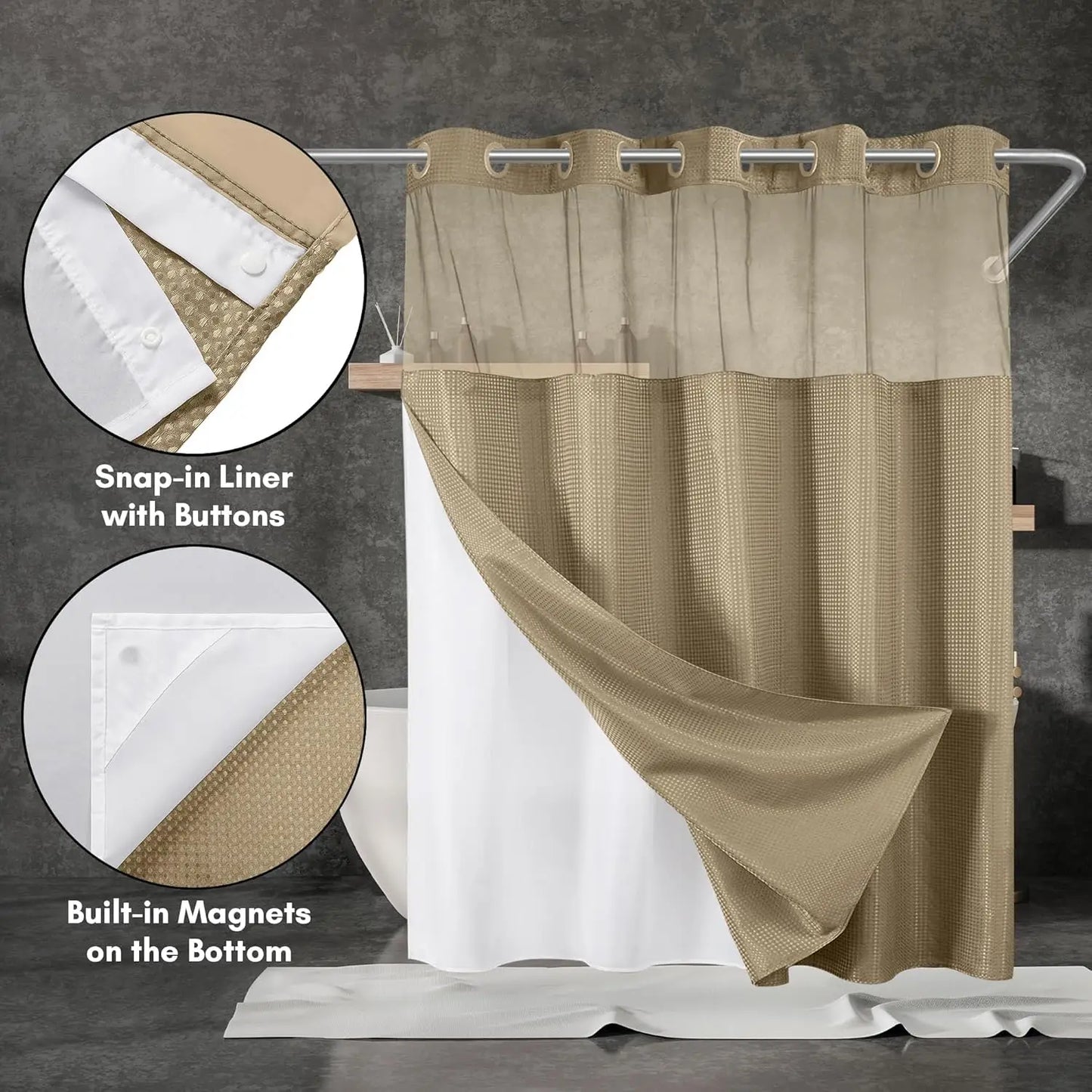 Water Resistant Shower Curtain With Snap In Liner For Bathrooms